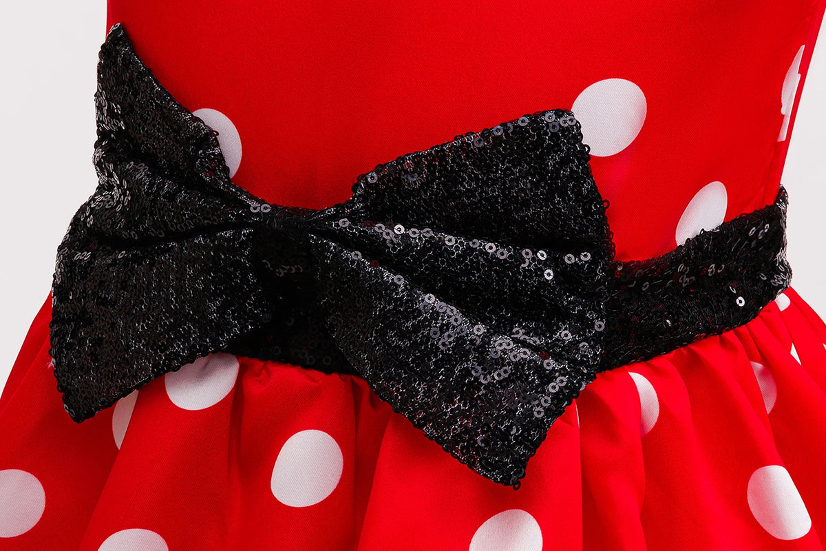 Cute Little Girls Red White Polka Dot Princess Dress Black Sequin Bow Kid Minnie Birthday Party Outfit Carnival Cosplay Clothing
