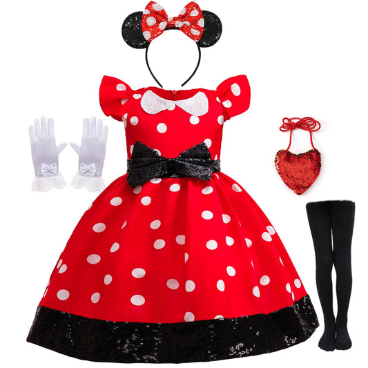 Cute Little Girls Red White Polka Dot Princess Dress Black Sequin Bow Kid Minnie Birthday Party Outfit Carnival Cosplay Clothing