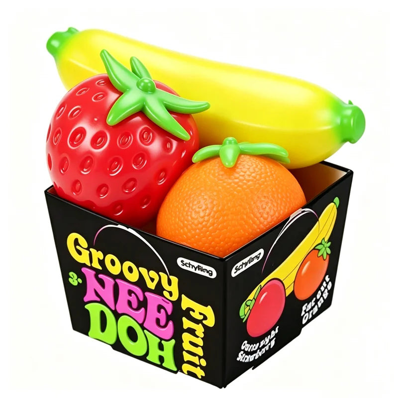 Groovy Fruit Needoh Squishy Toy Simulated Strawberry Banana Orange 3 Pack Fidget Sensory Toy Stress Relief Anti-Anxiety TPR Toy