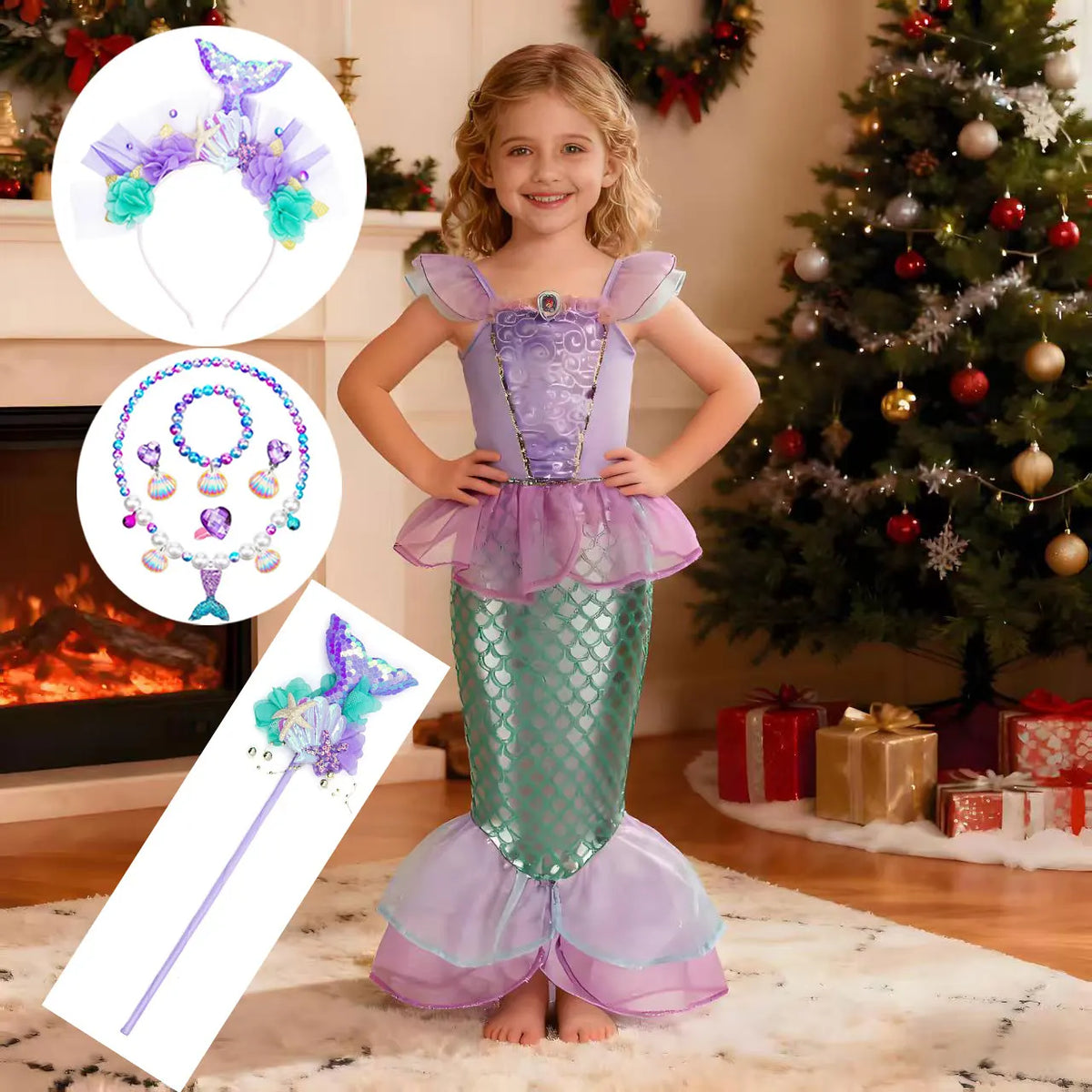 Disney Kid Purple Mermaid Dress Princess Costume Perform Clothes Baby Girl Birthday Party Christmas Cosplay Dress Suit for Girls