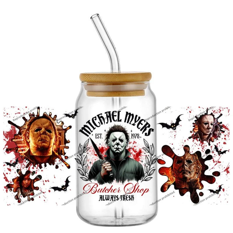 Hotsale Spooky Horror Movie Killer Poster Art 16oz UV DTF 3D Sticker Transfer Decals Trendy Glass Can Cups Halloween Craft DIY