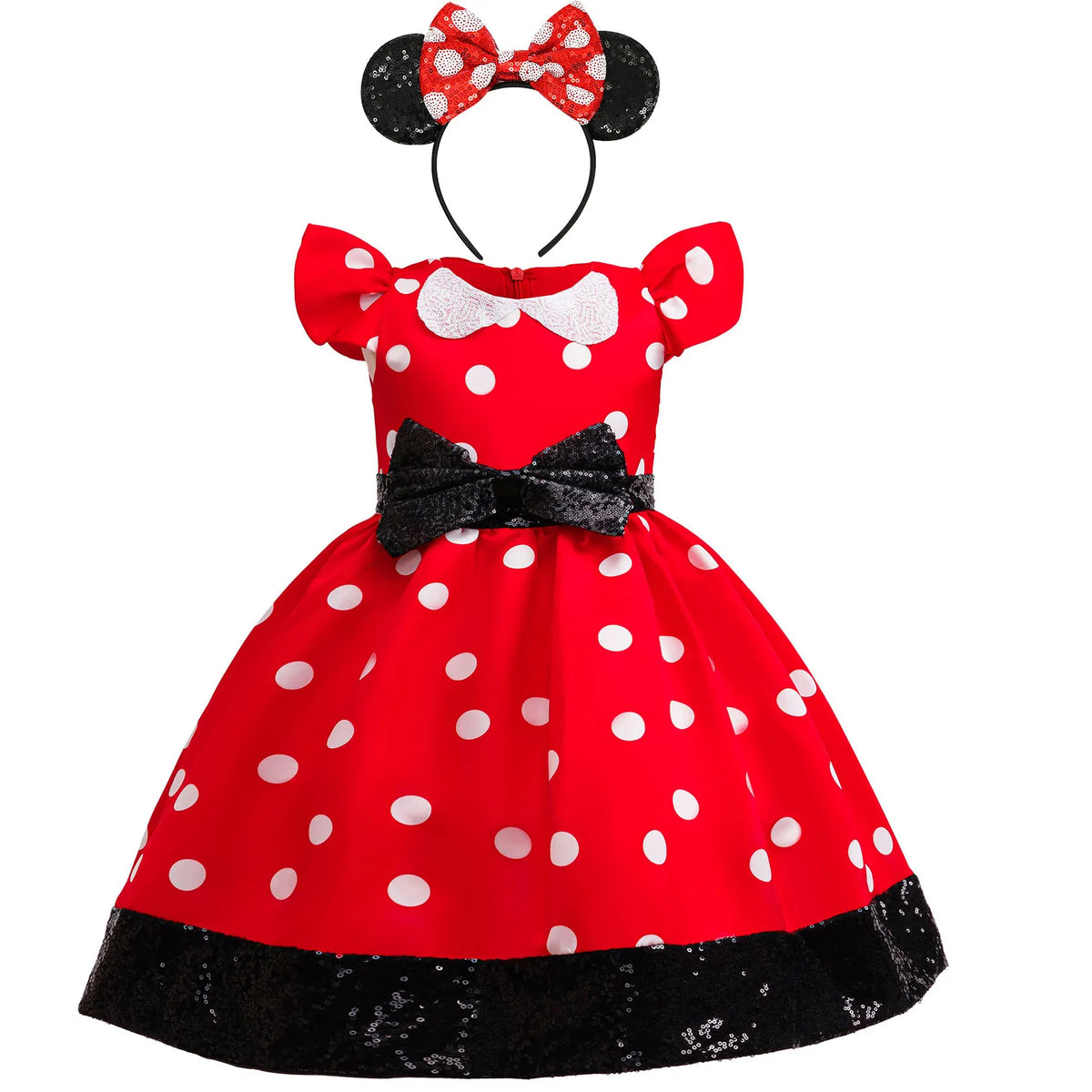Cute Little Girls Red White Polka Dot Princess Dress Black Sequin Bow Kid Minnie Birthday Party Outfit Carnival Cosplay Clothing