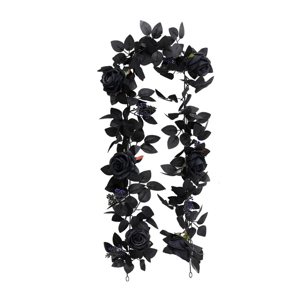 Black Halloween Rose Leaf Vines 175cm Realistic Artificial Rose Vines Simulated Flowers Handmade Halloween Garland