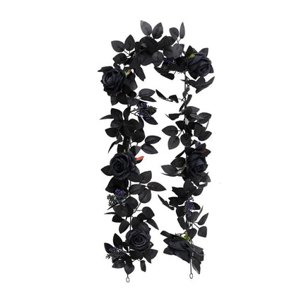 Black Halloween Rose Leaf Vines 175cm Realistic Artificial Rose Vines Simulated Flowers Handmade Halloween Garland