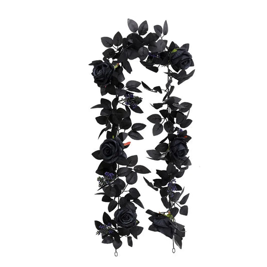 Black Halloween Rose Leaf Vines 175cm Realistic Artificial Rose Vines Simulated Flowers Handmade Halloween Garland
