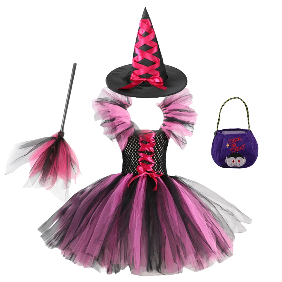 Girl Halloween Cosplay Witch Hat Broom Disguise Costume Dress Up Kids Carnival Party Children Vestidos Outfit