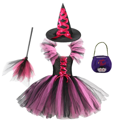 Girl Halloween Cosplay Witch Hat Broom Disguise Costume Dress Up Kids Carnival Party Children Vestidos Outfit