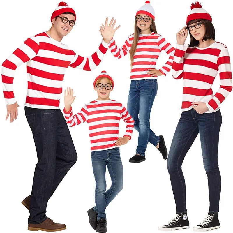 S-XXL Parent-child Cartoon Where is Wally Waldo Costume Waldo Book Week Cosplay Outfit Stripe Long Sleeve Shirt Hat Glasses