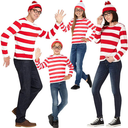 S-XXL Parent-child Cartoon Where is Wally Waldo Costume Waldo Book Week Cosplay Outfit Stripe Long Sleeve Shirt Hat Glasses