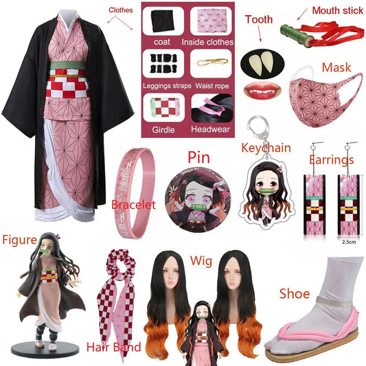 Adult Kids Anime Kamado Nezuko Costume Cosplay Earrings Figure Mask Keychain Shoes Wig Tooth Woman Girl Kimono Gift