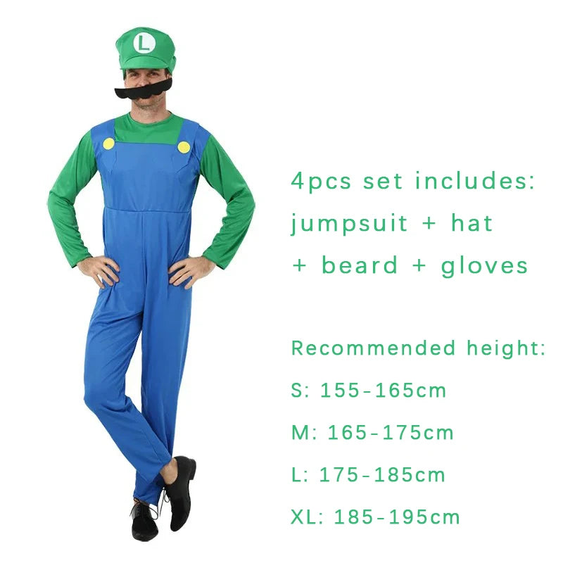 Game Plumber Bros Cosplay Costume Set Jumpsuit Dress Hat Beard Gloves Adult Men Women Uniform Halloween Party Role Play Outfit