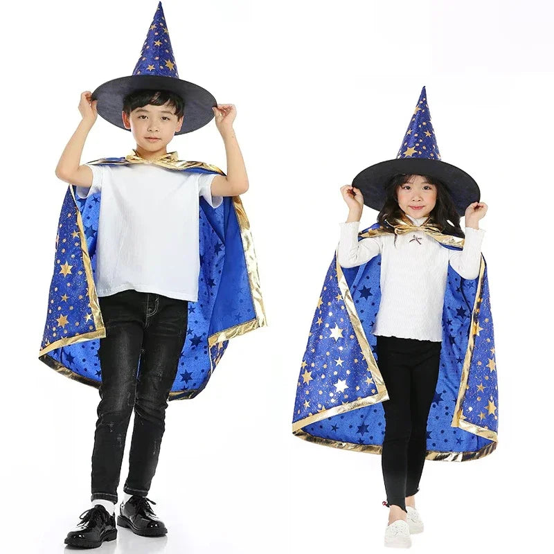 Kids Cape Magician Wizard Cloak Hat Boys Girls Cosplay Costumes Hot Stamping Five-pointed Star Cloak Halloween Costume