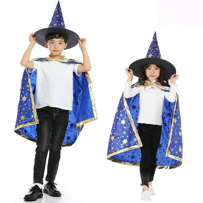 Kids Cape Magician Wizard Cloak Hat Boys Girls Cosplay Costumes Hot Stamping Five-pointed Star Cloak Halloween Costume