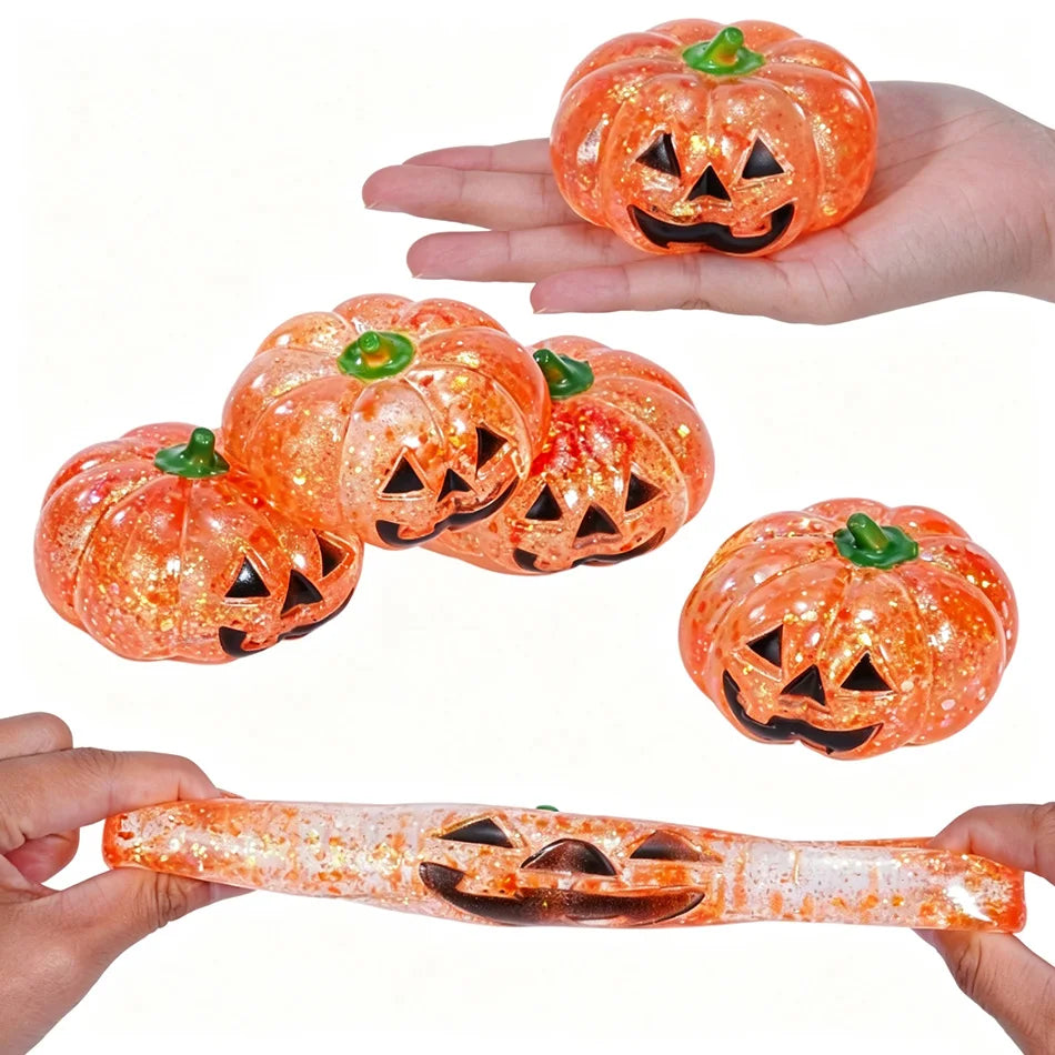2026 Glitter Pumpkin Squeeze Squish Toy Halloween Fidget Stress Ball Soft Stretch Sensory Anti Stress Toy Party Gift