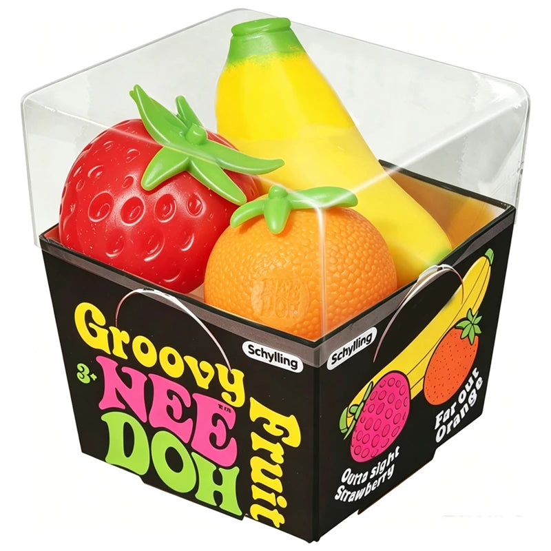 Groovy Fruit Needoh Squishy Toy Simulated Strawberry Banana Orange 3 Pack Fidget Sensory Toy Stress Relief Anti-Anxiety TPR Toy