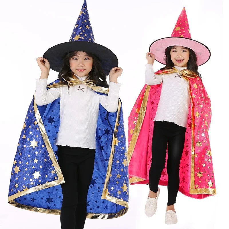 Kids Cape Magician Wizard Cloak Hat Boys Girls Cosplay Costumes Hot Stamping Five-pointed Star Cloak Halloween Costume