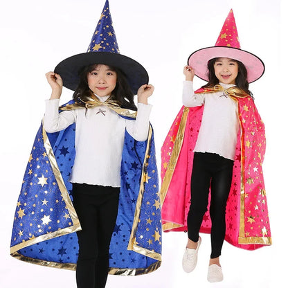 Kids Cape Magician Wizard Cloak Hat Boys Girls Cosplay Costumes Hot Stamping Five-pointed Star Cloak Halloween Costume
