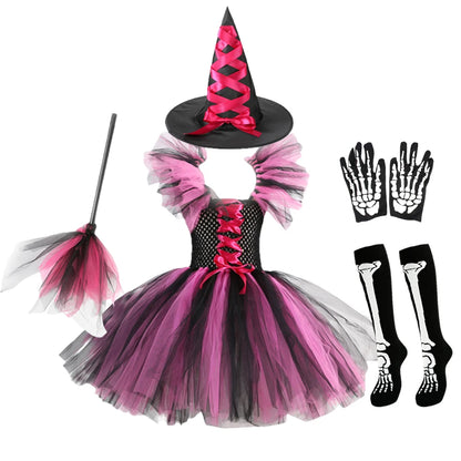 Girl Halloween Cosplay Witch Hat Broom Disguise Costume Dress Up Kids Carnival Party Children Vestidos Outfit