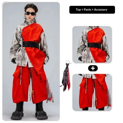 Hip Hop Modern Dance Boy Red Contrast Street Dance Pants Girls Shirt Children Streetwear Kids Jazz Fashion Costumes Clothes Sets