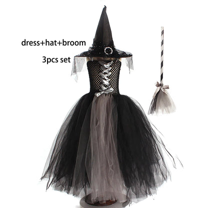 Girls Gothic Halloween Ghost Witch Costume Flare Sleeve Kids Gown Robe Tutu Dress with Witch Hat for Purim Carnival Party