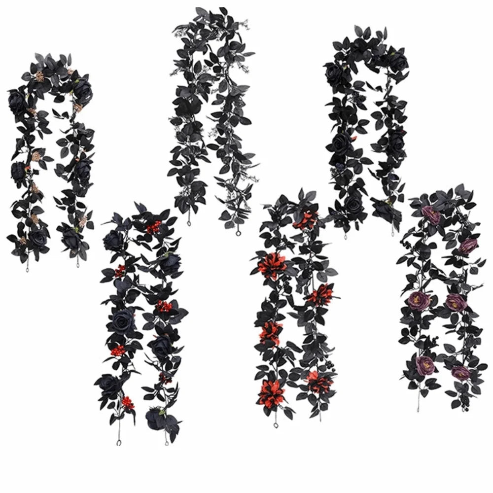 Black Halloween Rose Leaf Vines 175cm Realistic Artificial Rose Vines Simulated Flowers Handmade Halloween Garland
