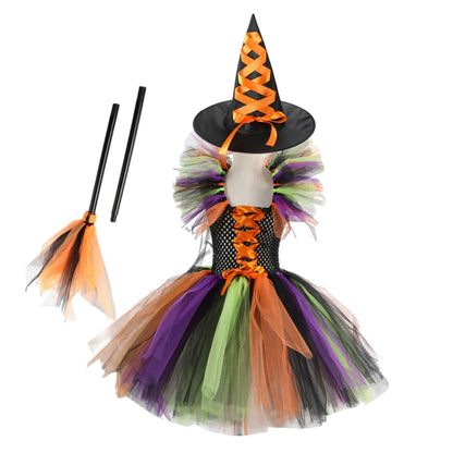 Girl Halloween Cosplay Witch Hat Broom Disguise Costume Dress Up Kids Carnival Party Children Vestidos Outfit