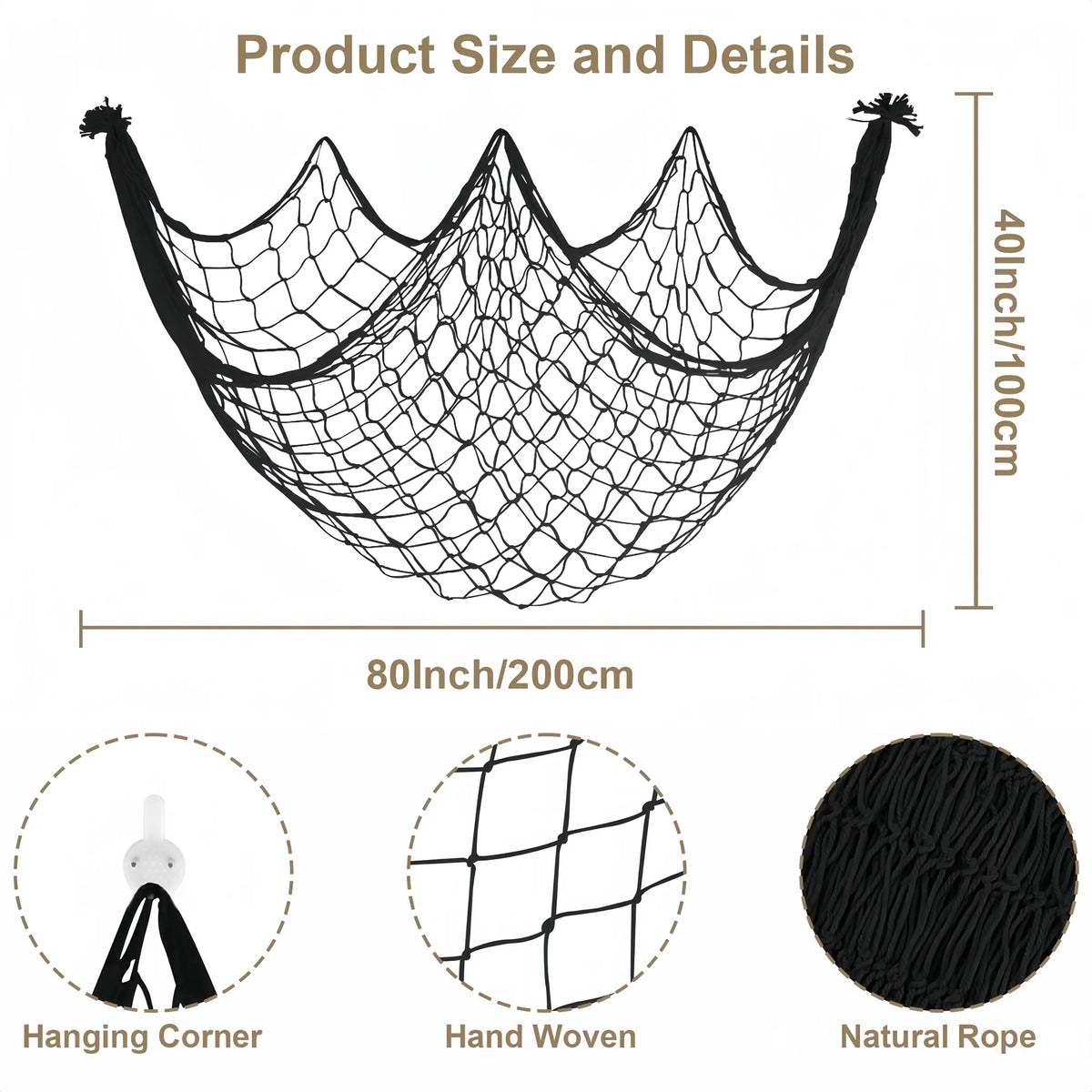 80x40 Inch Fishing Net Decor, Thick Natural Material Nautical Mesh, Wall Table Ceiling Decoration for Halloween Christmas Party