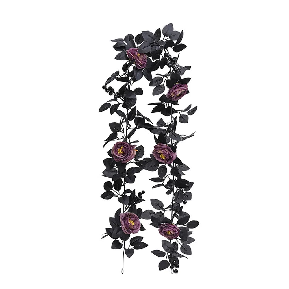 Black Halloween Rose Leaf Vines 175cm Realistic Artificial Rose Vines Simulated Flowers Handmade Halloween Garland