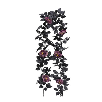Black Halloween Rose Leaf Vines 175cm Realistic Artificial Rose Vines Simulated Flowers Handmade Halloween Garland