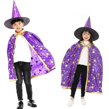 Kids Cape Magician Wizard Cloak Hat Boys Girls Cosplay Costumes Hot Stamping Five-pointed Star Cloak Halloween Costume