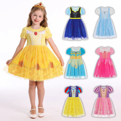 Girls Short Sleeve Fairy Tale Tulle Princess Dress With Printed Pattern Kids Birthday Party Belle Aurora Cosplay Costume 3-10Yrs