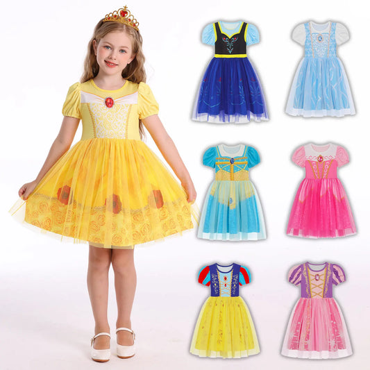 Girls Short Sleeve Fairy Tale Tulle Princess Dress With Printed Pattern Kids Birthday Party Belle Aurora Cosplay Costume 3-10Yrs