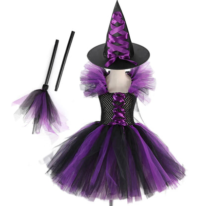 Girl Halloween Cosplay Witch Hat Broom Disguise Costume Dress Up Kids Carnival Party Children Vestidos Outfit
