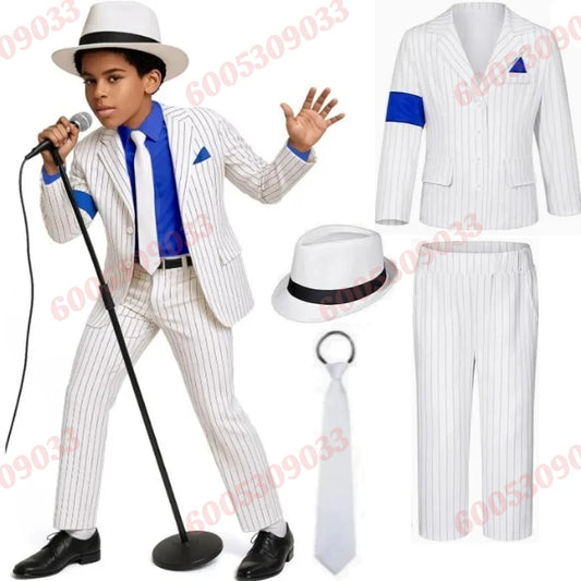 White Suit Clothing Michael Jackson Costume Cosplay White Striped Pants Stage Performance Clothes Fit Halloween Carnival Suit