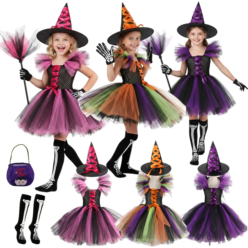 Girl Halloween Cosplay Witch Hat Broom Disguise Costume Dress Up Kids Carnival Party Children Vestidos Outfit