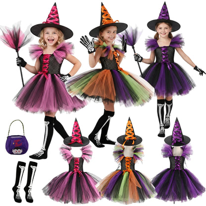 Girl Halloween Cosplay Witch Hat Broom Disguise Costume Dress Up Kids Carnival Party Children Vestidos Outfit