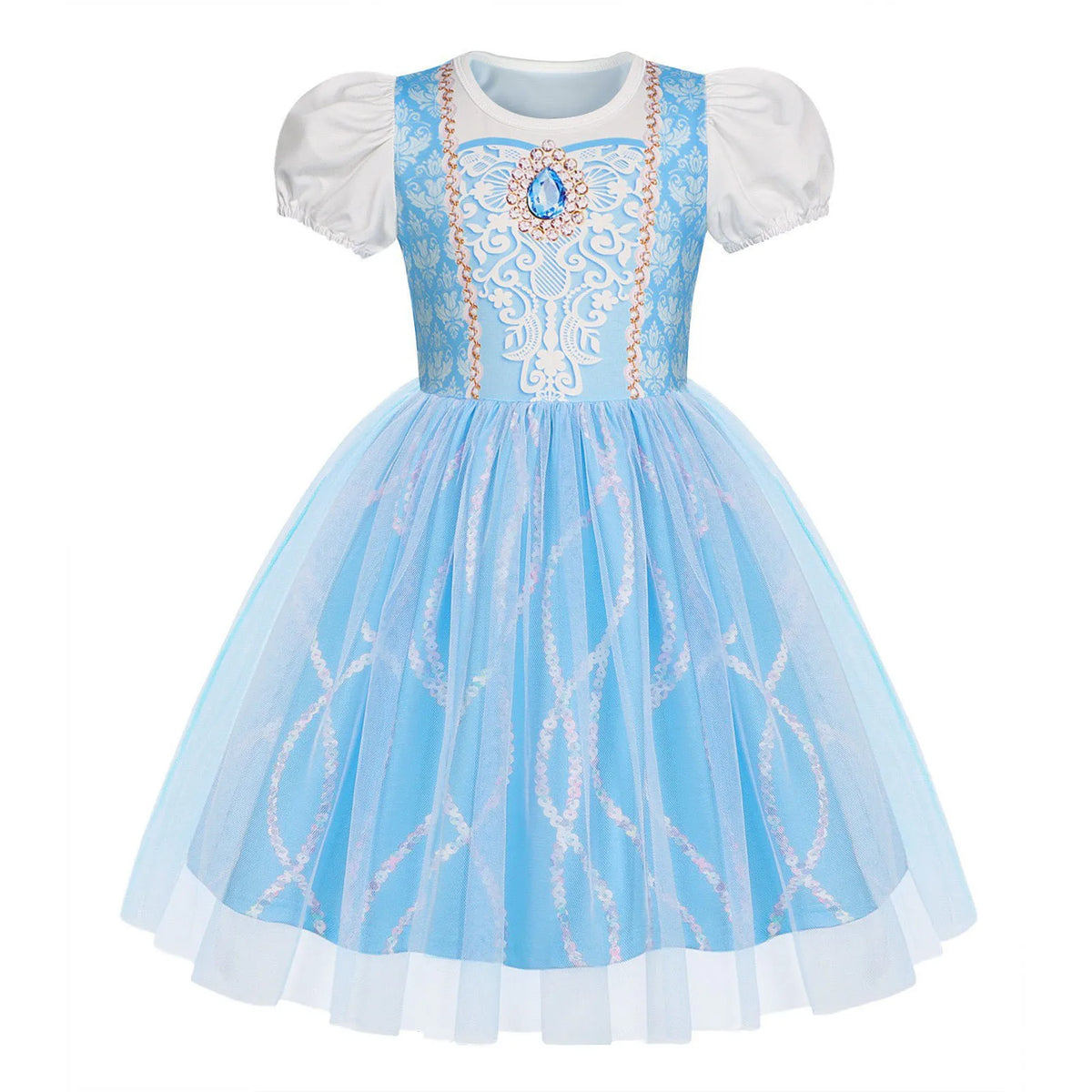 Girls Short Sleeve Fairy Tale Tulle Princess Dress With Printed Pattern Kids Birthday Party Belle Aurora Cosplay Costume 3-10Yrs