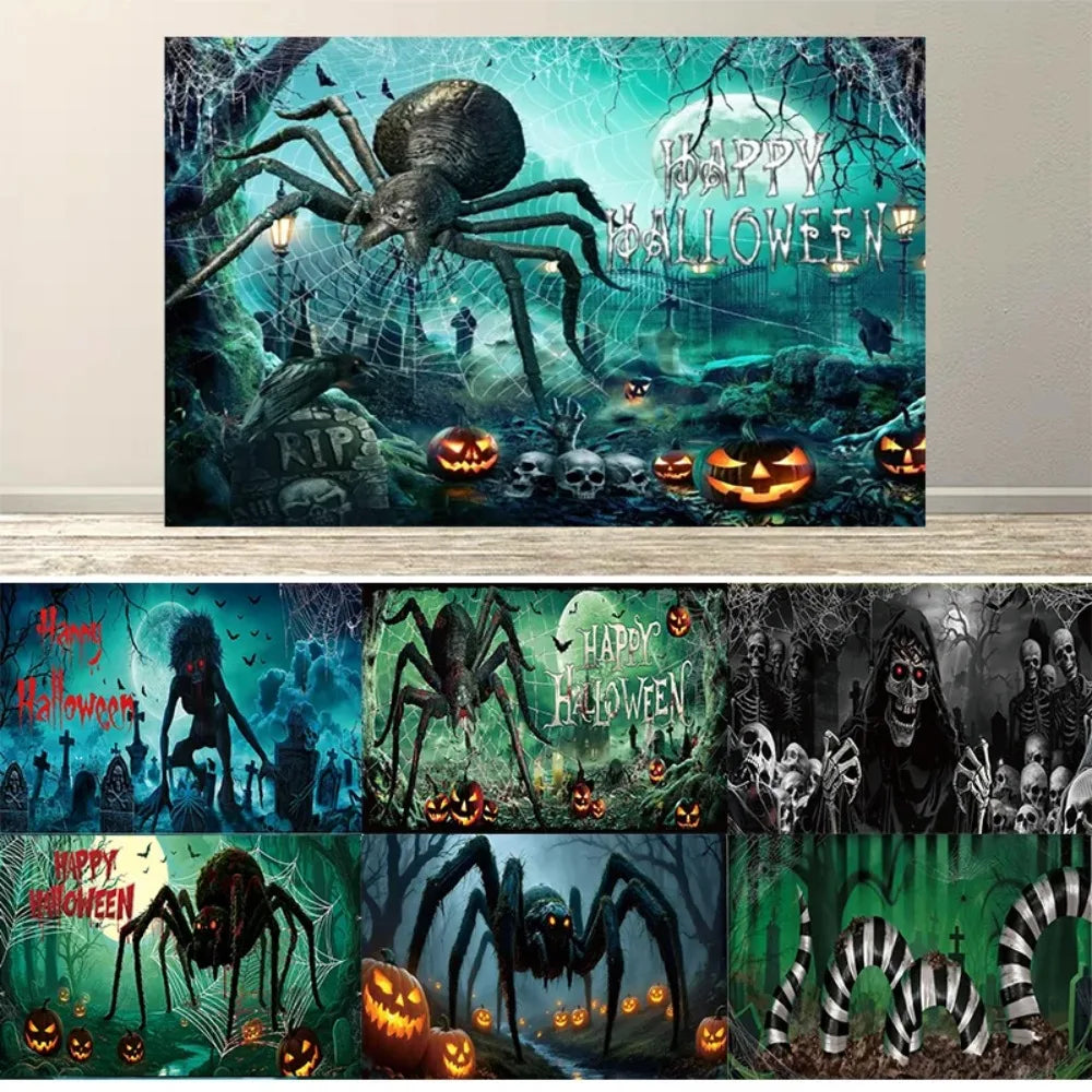 Halloween Giant Spider Sandworm Theme Banner Decoration Background, Pumpkin Horror Party, Home Decoration Photography Background