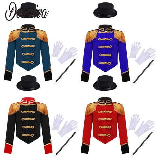 Boys Circus Costume Magician Marching Band Uniform Set Red Tassel Jacket Coat Ringmaster Outfit Halloween Party Cosplay Suits