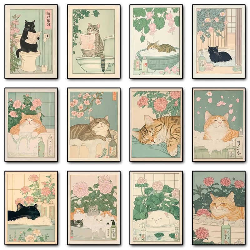 Japanese Tabby Cat in Bathtub Poster Prints Canvas Painting Retro Aesthetic Wall Art Picture Japandi Bathroom Toilet Home Decor
