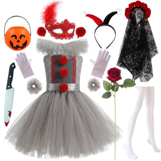 2026 New Halloween Carnival Horror Gray-White Clown Fluffy Lace Dress + Accessories Set Girls Playing Clown Costumes Suit 3-12T