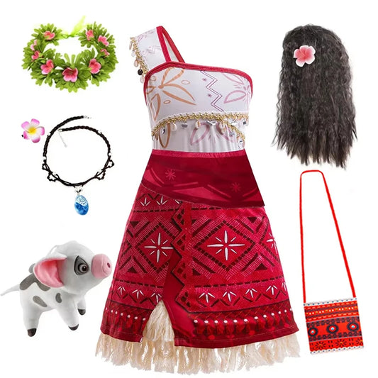 New Movie Moana 2 Dress for Girls Adventure Costume Girl Princess Fancy Clothes Children Vaiana Carnival Party Necklace Pig Set