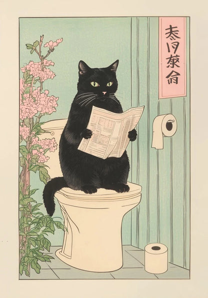 Japanese Tabby Cat in Bathtub Poster Prints Canvas Painting Retro Aesthetic Wall Art Picture Japandi Bathroom Toilet Home Decor