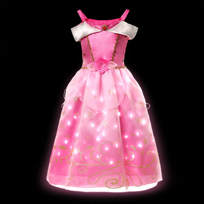 Girl Princess Dress with LED Light Up Costume for Children Cosplay Party Clothes Blue Pink Outfit Carnival Christmas Prom Gown