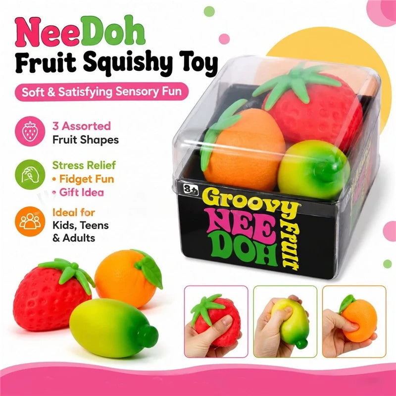 Groovy Fruit Needoh Squishy Toy Simulated Strawberry Banana Orange 3 Pack Fidget Sensory Toy Stress Relief Anti-Anxiety TPR Toy