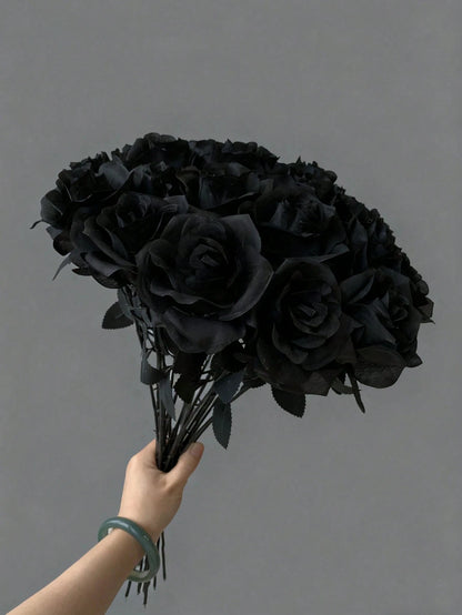 Uflower 48cm Pure Black Silk Rose Long Stem Fake Flowers Gothic Style Decoration Halloween Home Wedding Party Decor