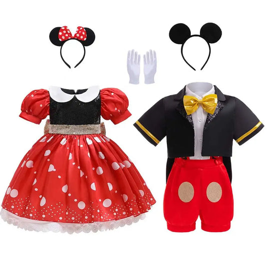 Boys Girls Cartoon Mickey Mouse Cosplay Costume Boys Jacket Shirt Shorts Girls Minnie Polka Dots Dress Headband Anime Costume