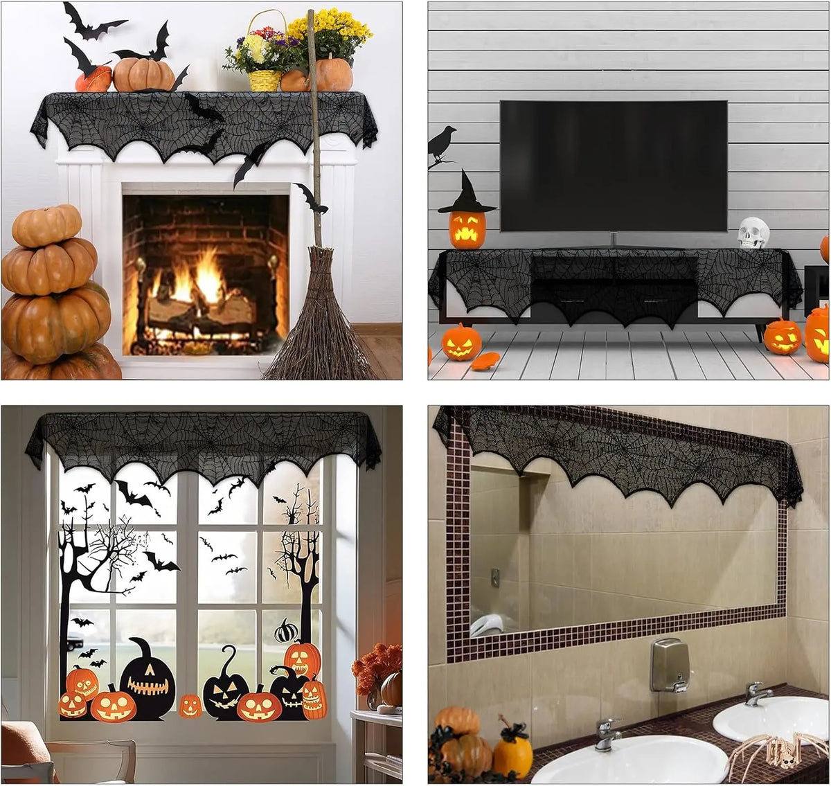 AerWo Halloween Decoration Black Lace Spiderweb Fireplace Mantle Scarf Cover Festive Party Supplies 45 X 243cm 18 x 96 inch
