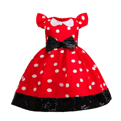 Cute Little Girls Red White Polka Dot Princess Dress Black Sequin Bow Kid Minnie Birthday Party Outfit Carnival Cosplay Clothing