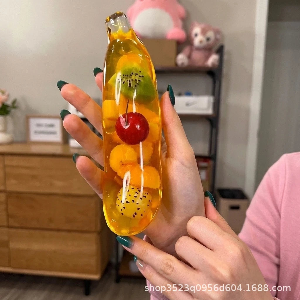Jumbo Banana Squishy Stress Relief Toy Transparent Gel Squeeze Toy Fruit Filled Soft Sensory Fidget Toy for Kids Adults